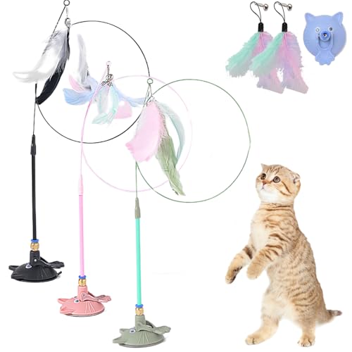 Meowmastery Toy, Katzenangel Stabil Und Lang Mit Saugnapf, Katzen Angel Spielzeug Feder Mit Federn, Cat Toy Wand Suction Base for Exercise, Boredom Buster (3PCS-3) von Snrtevu