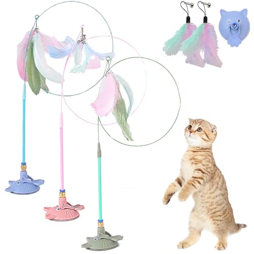 Meowmastery Toy, Katzenangel Stabil Und Lang Mit Saugnapf, Katzen Angel Spielzeug Feder Mit Federn, Cat Toy Wand Suction Base for Exercise, Boredom Buster (3PCS-4) von Snrtevu