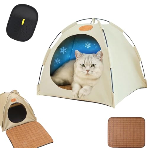 Pfoten-bedarf Premium Katzen Kühlzelt, leicht & tragbar Kühlzelt für Katzen, Katzenzelt Outdoor Indoor, waschbar, flexibel aufstellbar, offenes Design Sorgen für angenehme Temperatur (BEIGE,M) von Snrtevu
