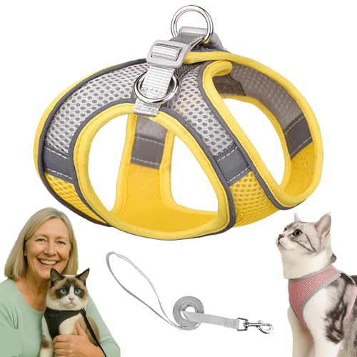 Serenosole Katzengeschirr, Katzengeschirr Mit Leine Ausbruchsicher, Atmungsaktive Bequemes, Mit Reflektierenden Streifen, Geeignet FüR Katzen Und Hunde (Gelb-Grau,M) von Snrtevu