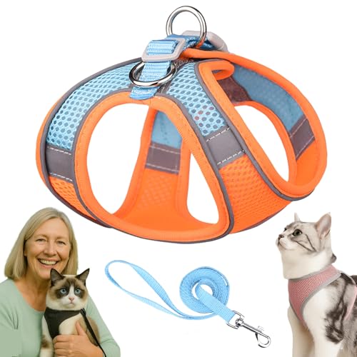 Serenosole Katzengeschirr, Katzengeschirr Mit Leine Ausbruchsicher, Atmungsaktive Bequemes, Mit Reflektierenden Streifen, Geeignet FüR Katzen Und Hunde (Orange-Blau,L) von Snrtevu