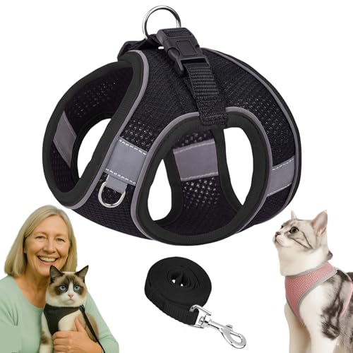 Serenosole Katzengeschirr, Katzengeschirr Mit Leine Ausbruchsicher, Atmungsaktive Bequemes, Mit Reflektierenden Streifen, Geeignet FüR Katzen Und Hunde (Schwarz-Grau,M) von Snrtevu