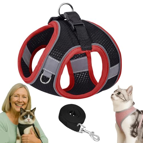 Serenosole Katzengeschirr, Katzengeschirr Mit Leine Ausbruchsicher, Atmungsaktive Bequemes, Mit Reflektierenden Streifen, Geeignet FüR Katzen Und Hunde (Schwarz-Rot,XS) von Snrtevu