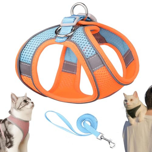 Serenosole Stimulicat Katzengeschirr, Katzengeschirr Mit Leine Ausbruchsicher, Atmungsaktive Bequemes, Mit Reflektierenden Streifen, Geeignet FüR Katzen (Orange-Blau,XXS) von Snrtevu