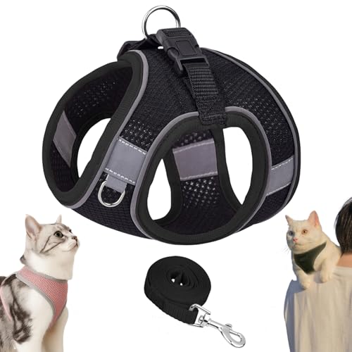 Serenosole Stimulicat Katzengeschirr, Katzengeschirr Mit Leine Ausbruchsicher, Atmungsaktive Bequemes, Mit Reflektierenden Streifen, Geeignet FüR Katzen (Schwarz-Grau,L) von Snrtevu