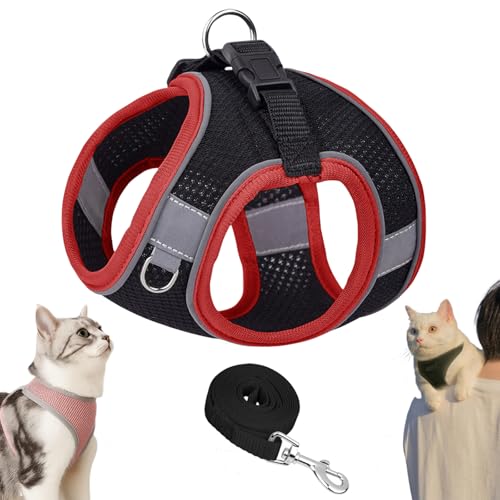Serenosole Stimulicat Katzengeschirr, Katzengeschirr Mit Leine Ausbruchsicher, Atmungsaktive Bequemes, Mit Reflektierenden Streifen, Geeignet FüR Katzen (Schwarz-Rot,XXS) von Snrtevu