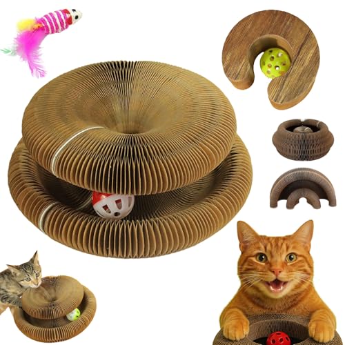 Snrtevu Katzenkurlz Pro - Interaktives Katzenspielzeug, Katzenwirbel Katzenliebling, Faltbar Langlebig Fangbox Katzen, Kratzspielzeug FüR Katzen Mit Glockenball (C Holzmaserung) von Snrtevu