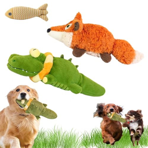 Snrtevu The Mellow Dog - Calming Crocodile, Krokodil Hundespielzeug Quietschend, Interaktives Hundespielzeug Mit Automatischer Schwanzwedelfunktion FüR Hunde Und Katzen (B Krokodil+Fuchs) von Snrtevu