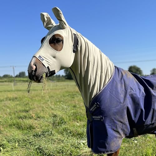 Leichte Sommerkapuze für Pferde von Snuggy Hoods - Zuverlässiger Schutz vor Insekten, Schmutz und Schlamm - 9 Größen, 3 Farben - Überziehversion (Beige, ML) von Snuggy Hoods