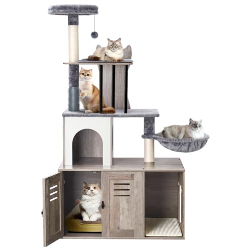 Snughome 2-in-1 modernes Katzenturm-Möbel mit Katzentoilette aus Holz, 140 cm mit Kratzbaum, Hängematte und großer Plattform, Grau Snughome 2-in-1 modernes Katzenturm-Möbel mit Katzentoilette aus Holz, 140 cm mit Kratzbaum, Hängematte und großer Plattform, Grau von Snughome