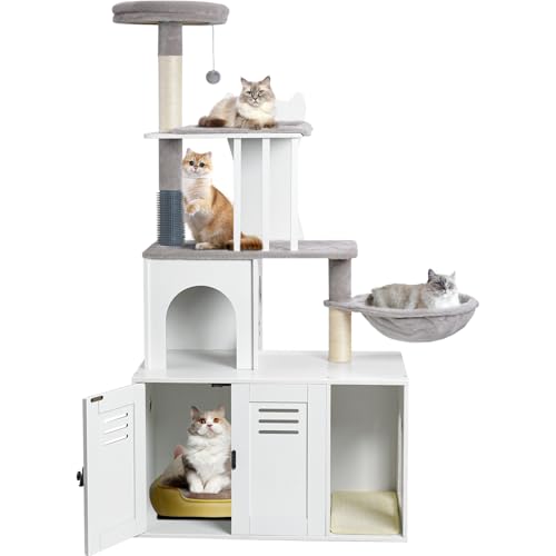 Snughome Katzenbaum mit Katzentoilette, 2-in-1 moderner Katzenturm, 140 cm, Holz, Katzenhaus mit Kratzbaum und Hängematte, Haustiermöbel mit großer Plattform, Weiß von Snughome