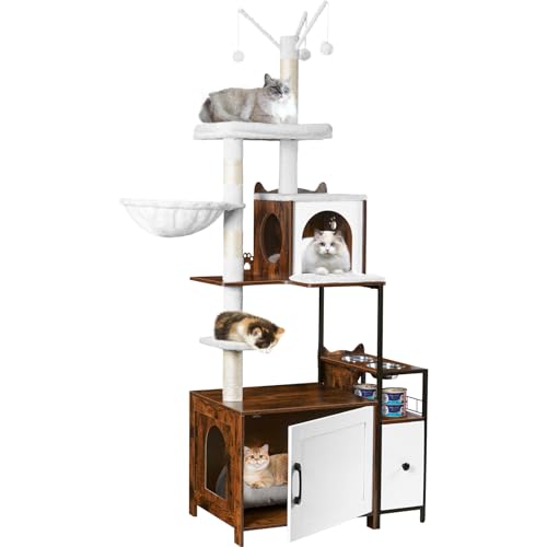 Snughome Kratzbaum mit Katzentoilette, 3-in-1 moderner Katzenturm für Indoor-Katzen, 170 cm versteckte Katzentoiletten-Möbel mit Katzenhütte, Futterstation und Hängematten, All-in-One-Katzenmöbel Snughome Kratzbaum mit Katzentoilette, 3-in-1 moderner Katzenturm für Indoor-Katzen, 170 cm versteckte Katzentoiletten-Möbel mit Katzenhütte, Futterstation und Hängematten, All-in-One-Katzenmöbel von Snughome