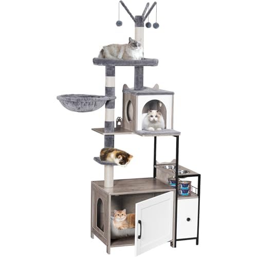 Snughome Kratzbaum mit Katzentoilette, 3-in-1 moderner Katzenturm für Indoor-Katzen, 170 cm versteckte Katzentoiletten-Möbel mit Katzenhütte, Futterstation und Hängematten, All-in-One-Katzenmöbel Snughome Kratzbaum mit Katzentoilette, 3-in-1 moderner Katzenturm für Indoor-Katzen, 170 cm versteckte Katzentoiletten-Möbel mit Katzenhütte, Futterstation und Hängematten, All-in-One-Katzenmöbel von Snughome