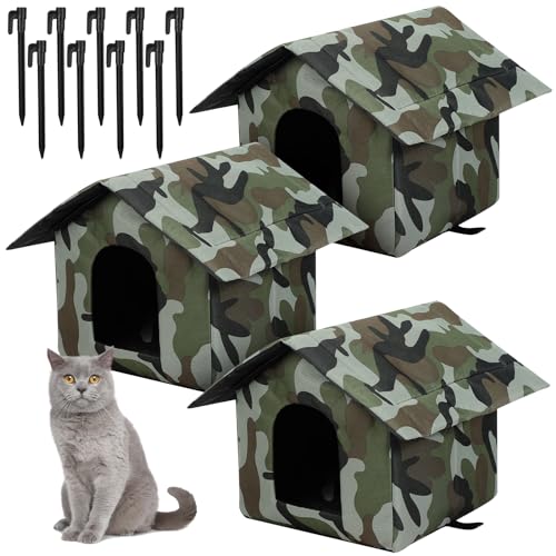 Soaoo 3 Stück Katzenhäuser für Outdoor-Katzen, streunende warme Katzen, wetterfest, für den Außenbereich, faltbar, Haustierhöhle mit Zeltheringen für den Winter, Wildtiere, Hunde (Camouflage, 35 x 30 von Soaoo