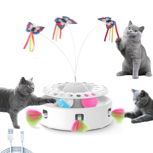 Soarer 3-in-1 Interaktives Katzenspielzeug für Indoor-Katzen Erwachsene, Smart Cat Feder Spielzeug, Wiederaufladbare Power Cats Toys Bälle & Handgefertigtes Schmetterlingsspielzeug, Teaser mit 6 von Soarer