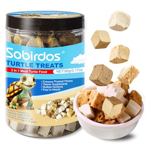 Sobirdos Schildkröten-Leckereien, 3 In 1 Fleisch Schildkrötenfutter, Hergestellt aus Frischem Fleisch, Huhn & Ente & Fisch Gefriergetrocknet, Angereichertes Protein und Vitamine (90 g / 3,17 Oz) (01) von Sobirdos