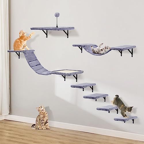 Katzenkletter-Set zur Wandmontage, mit Kletterregalen, Sitzstangen, Brücke, Hängematte, Kratzbrett und Ball, 7-teiliges Holz-Katzenmöbel für den Innenbereich, zum Spielen von Kätzchen, Grau Katzenkletter-Set zur Wandmontage, mit Kletterregalen, Sitzstangen, Brücke, Hängematte, Kratzbrett und Ball, 7-teiliges Holz-Katzenmöbel für den Innenbereich, zum Spielen von Kätzchen, Grau von Sobly