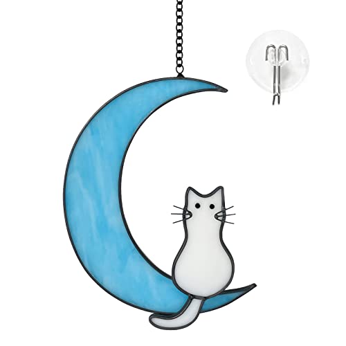 Weiße Katze Dekor auf blauem Mond Buntglas Fenster hängende Katze Gedenkgeschenke für Katzenliebhaber Sonnenfänger für Fenster Paneele Verlust der Katze Trauergeschenk Sonnenfänger Katze Dekoration von Sobotoo
