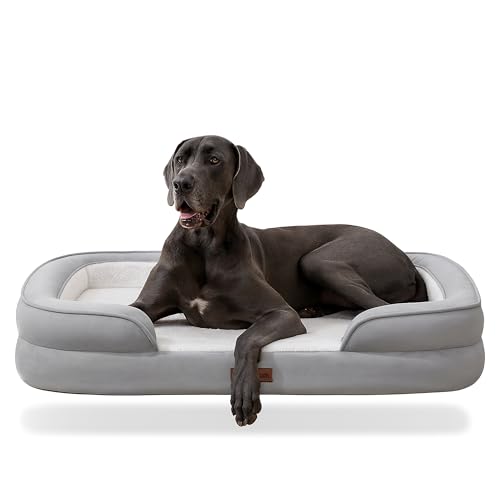 Soft Touch Orthopädisches Hundesofa aus Kunstfell, atmungsaktiv und wasserdicht, Haustier-Couch-Bett mit abnehmbarem, waschbarem Bezug und Nackenstütze für große, extra große Hunde/Katzen, Grau, Größe von Soft Touch