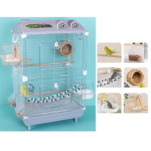 Stabiler Papageienkäfig mit dreifachem horizontalen Netz und durchsichtiger Vorderseite – leicht zu reinigende herausziehbare Ablage, Aufhängehaken und verschließbarer Boden(Grau) von Sohodoo