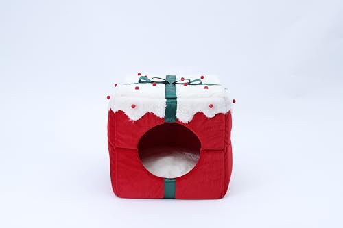 Sokumitt Extra weiches kurzes Plüsch, festliche Geschenkbox, 2-in-1, Haustierhöhle mit abnehmbarem Kissen, rutschfester Unterseite, Katzenbett, Hundebett (rot, 35,6 x 35,6 x 35,6 cm) von Sokumitt