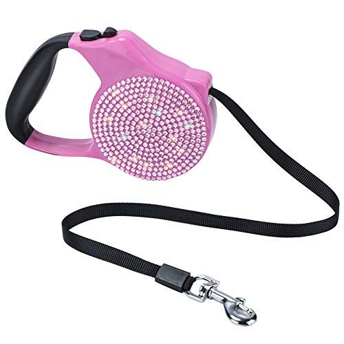 Soleebee Bling Strass 5M Roll-Leine Hunde Leine einziehbare Feste Nylonband Hundeleine mit ABS-Gehäuse und Anti-Rutsch-Griff mit Brems- / Knopfarretierung für kleine Hunde bis zu 15kg (Rosa) von Soleebee