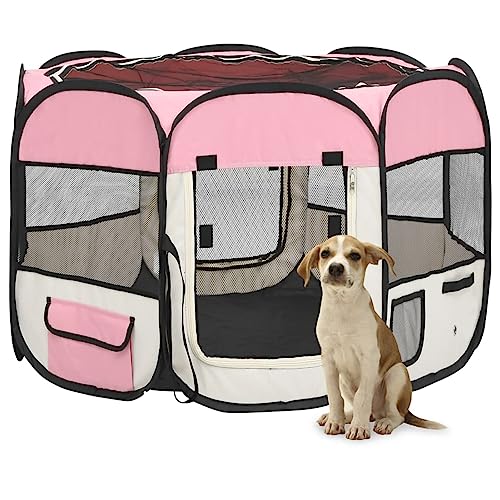Somanki Faltbarer Welpenlaufstall mit Tragetasche, Welpenlaufstall, Laufstall Hund, Hundelaufstall, Hundepark, Katzengehege, Hundezelt, Auslauf Für Hunde, Rosa 90x90x58 cm von Somanki