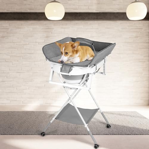 Somerway Hundebadewanne, 2-in-1 Hundewaschstation, Badewanne für Haustiere, Faltbare tragbare Duschbadewanne, 3-stufige Verstellung + 4 Rollen, für kleine Hunde, Katzen (Grau) von Somerway