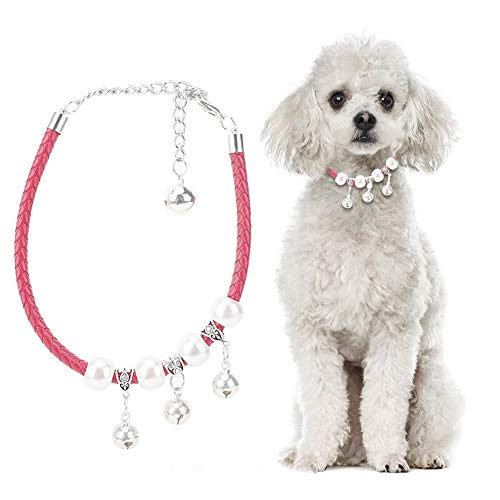 Sonew Haustier-Halsband mit Glöckchen, verstellbar, PU-Legierung, mit Verlängerungskette, für die meisten Hunde und Katzen, Größe L - Rosa von Sonew