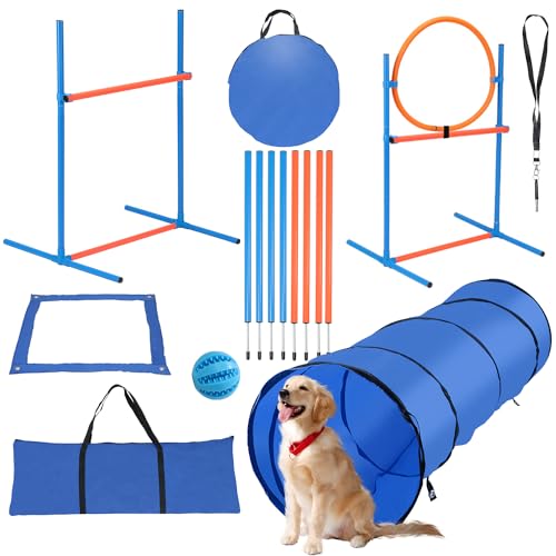 Sonnewelt Agility Set Hunde, 5-teiliges Set Agility-Ausrüstung für Hunde, Slalom, Agility Hürde, Sprungring & Hundetunnel, Perfekt für den Park, Interessant Spiele, Training von Sonnewelt