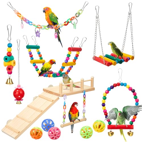 Sonwyoung Papageienschaukelspielzeug und Vogelsitzstangen aus Holz, Plattform mit Kletterleiter, buntes Kauen, Stehen, Hängendes Sittich, Spielzeug, Vogelkäfig-Zubehör für Wellensittiche, Sonwyoung Papageienschaukelspielzeug und Vogelsitzstangen aus Holz, Plattform mit Kletterleiter, buntes Kauen, Stehen, Hängendes Sittich, Spielzeug, Vogelkäfig-Zubehör für Wellensittiche, von Sonwyoung