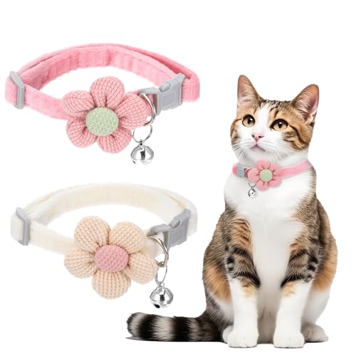 Breakaway Katzenhalsband mit Glocke, Blumen-Design für kleine Haustiere, Kätzchenhalsband für Katzen, Hunde, Kaninchen (Rosa, Beige) von Sorcristy