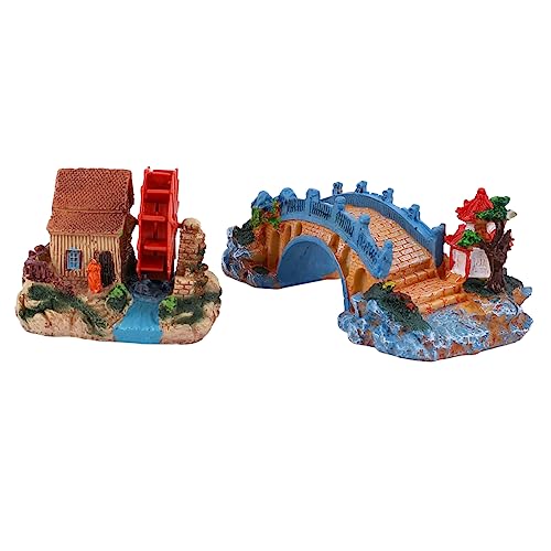 Sosoport Aquarium Fisch Tank Kit 2pcs Harz Handwerk Fisch Tank Landschaft Wassermühle Hütte Und Stein Brücke Für Süßwasser Meer von Sosoport
