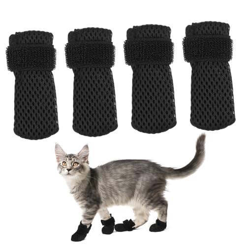 Sosoport 4 Stück Katzenschuhe Paws pfotenschutz katzenpflege Schuhe für Katzen Cats Claw Katzenhandschuhe zum Kratzen Fäustlinge Socken für Katzen Katze nägel Kappen Polyester Black von Sosoport