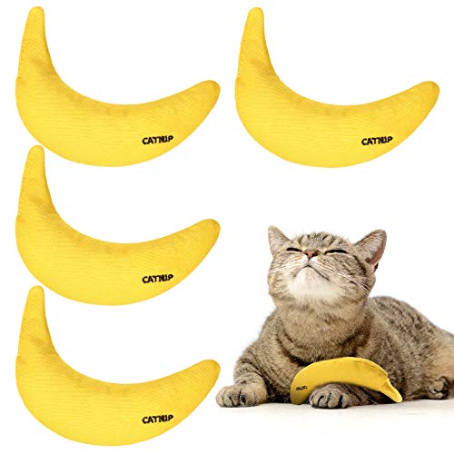 Sotiff 4 Stück Katzenminze-Spielzeug, gelbe Banane, Katzenkauspielzeug mit Katzenminze, interaktives Spielzeug, zuverlässiges Katzenminze-gefülltes Katzenspielzeug für Innenkatzen, Kätzchen, Kauen, Beißen, Schleifklaue von Sotiff