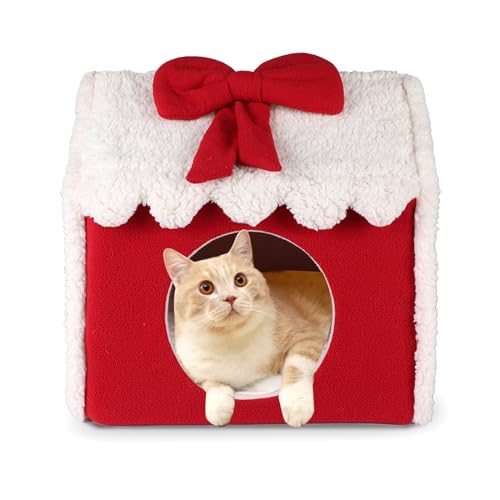 Souarts Weihnachten Flauschig Katzenhöhle Katzenbett Geschenkbox, Kuschelhöhle Katzen Kätzchen Hund Kaninchen Schlafsack Katzenzelt, Weihnachten Katzenschlafplatz für Drinnen von Souarts