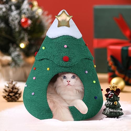 Souarts Weihnachten Katzenhöhle Katzenbett Flauschig, Weihnachtsbaum Kuschelhöhle Katzen Kätzchen Hund Kaninchen Schlafsack Katzenzelt, Katzenschlafplatz für Drinnen von Souarts