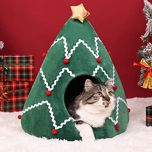 Souarts Weihnachtsbaum Katzenhöhle Katzenbett Flauschig, Kuschelhöhle Katzen Kätzchen Hund Kaninchen Schlafsack Katzenzelt, Weihnachten Katzenschlafplatz für Drinnen von Souarts