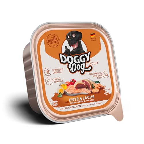 DOGGY Dog Paté Ente & Lachs, 10 x 150 g, Nassfutter für Hunde, getreidefreies Hundefutter mit Lachsöl und Grünlippmuschel, Alleinfuttermittel mit Süßkartoffel und Tomate, Made in Germany von Soul Pet