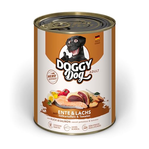 DOGGY Dog Paté Ente & Lachs, 6 x 800 g, Nassfutter für Hunde, getreidefreies Hundefutter mit Lachsöl und Grünlippmuschel, Alleinfuttermittel mit Süßkartoffel und Tomate, Made in Germany von Soul Pet