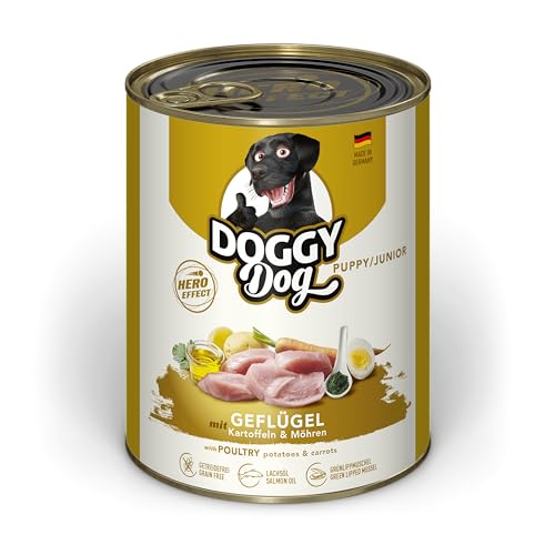 DOGGY Dog Paté Geflügel Puppy/Junior, 6 x 800 g, Nassfutter für junge Hunde, getreidefreies Welpenfutter mit Lachsöl und Grünlippmuschel, Hundefutter mit Kartoffeln und Möhre, Made in Germany von Soul Pet