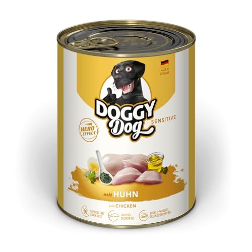 DOGGY Dog Paté Huhn Sensitive, 6 x 800 g, Nassfutter für Hunde, getreidefreies Hundefutter mit Lachsöl und Grünlippmuschel, besonders gut verträgliches Alleinfuttermittel, Made in Germany von DOGGY Dog