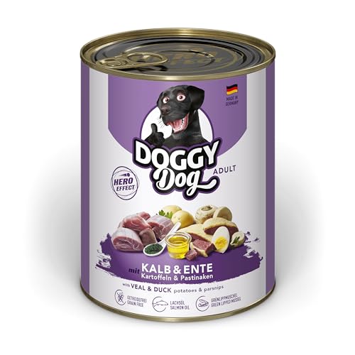 DOGGY Dog Paté Kalb & Ente, 6 x 800 g, Nassfutter für Hunde, getreidefreies Hundefutter mit Lachsöl und Grünlippmuschel, Alleinfuttermittel mit Kartoffeln und Pastinake, Made in Germany von Soul Pet