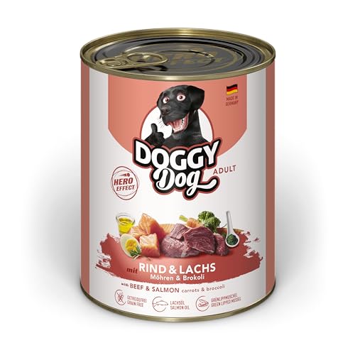 DOGGY Dog Paté Rind & Lachs, 6 x 800 g, Nassfutter für Hunde, getreidefreies Hundefutter mit Lachsöl und Grünlippmuschel, Alleinfuttermittel mit Karotte und Brokkoli, Made in Germany von DOGGY Dog