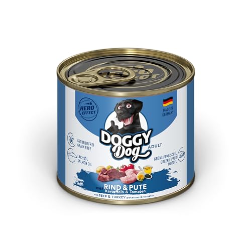 DOGGY Dog Paté Rind & Pute, 6 x 200 g, Nassfutter für Hunde, getreidefreies Hundefutter mit Lachsöl und Grünlippmuschel, Alleinfuttermittel mit Kartoffeln und Tomate, Made in Germany von DOGGY Dog