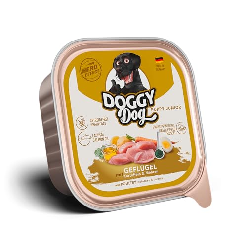 DOGGY Dog Paté Geflügel Puppy/Junior, 10 x 150 g, Nassfutter für junge Hunde, getreidefreies Welpenfutter mit Lachsöl und Grünlippmuschel, Hundefutter mit Kartoffeln und Möhre, Made in Germany von DOGGY Dog
