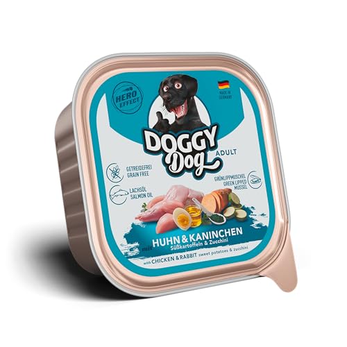 DOGGY Dog Paté Huhn & Kaninchen, 10 x 150 g, Nassfutter für Hunde, getreidefreies Hundefutter mit Lachsöl und Grünlippmuschel, Alleinfuttermittel mit Süßkartoffel und Zucchini, Made in Germany von DOGGY Dog
