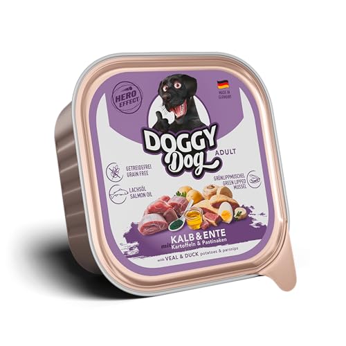 DOGGY Dog Paté Kalb & Ente, 10 x 150 g, Nassfutter für Hunde, getreidefreies Hundefutter mit Lachsöl und Grünlippmuschel, Alleinfuttermittel mit Kartoffeln und Pastinake, Made in Germany DOGGY Dog Paté Kalb & Ente, 10 x 150 g, Nassfutter für Hunde, getreidefreies Hundefutter mit Lachsöl und Grünlippmuschel, Alleinfuttermittel mit Kartoffeln und Pastinake, Made in Germany von DOGGY Dog