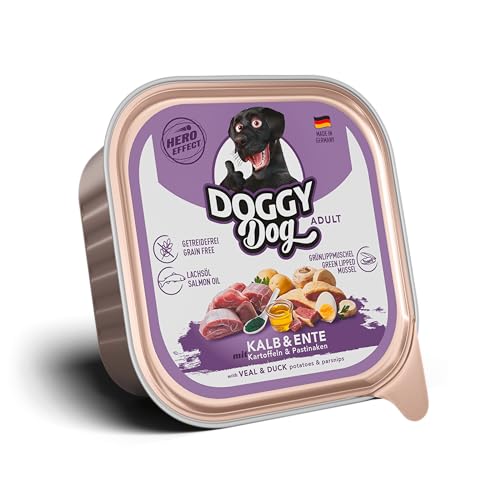 DOGGY Dog Paté Kalb & Ente, 10 x 150 g, Nassfutter für Hunde, getreidefreies Hundefutter mit Lachsöl und Grünlippmuschel, Alleinfuttermittel mit Kartoffeln und Pastinake, Made in Germany von DOGGY Dog