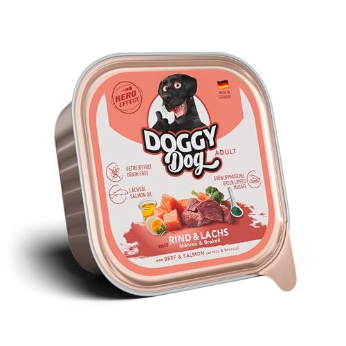 DOGGY Dog Paté Rind & Lachs, 10 x 150 g, Nassfutter für Hunde, getreidefreies Hundefutter mit Lachsöl und Grünlippmuschel, Alleinfuttermittel mit Karotten und Brokkoli, Made in Germany von DOGGY Dog